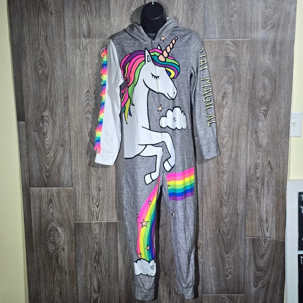 Justice Girls' Unicorn Rainbow Hooded Pajama Jumpsuit Size‎ 12 Sleepwear